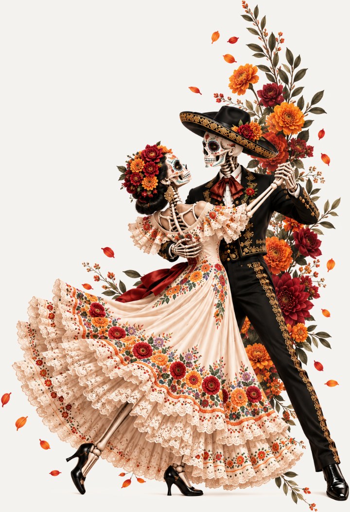 Two calavera dancers in a ballroom hold framed by marigolds, dressed for Día de los Muertos